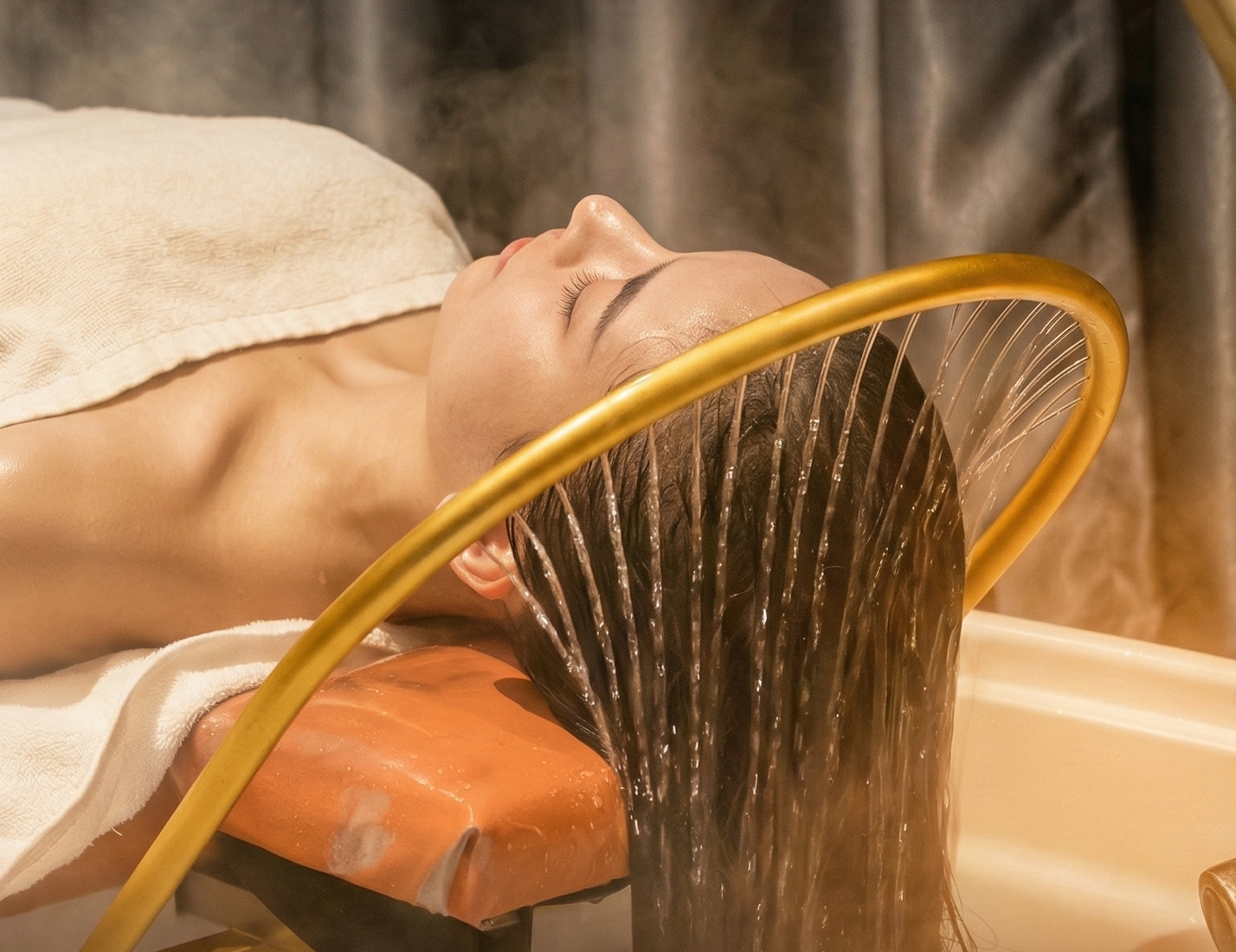 Client receiving a Japanese-style head spa and scalp treatment at RuBrows near Mason, Ohio